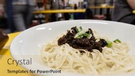  Presentation with meat food - PPT layouts enhanced with taiwanese-local-food-of-noodles background and a soft green colored foreground