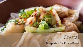  Presentation with dumpling - Colorful presentation enhanced with taiwanese snacks of meat dumpling in chili oil at restaurant backdrop and a coral colored foreground
