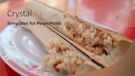  Presentation with snacks - PPT theme with taiwanese-snacks-of-rice-cooked background and a coral colored foreground