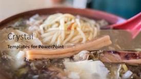 Presentation with noodle - Presentation enhanced with taiwanese thickened soup noodle with lamb and squid potage background and a coral colored foreground