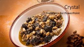  Presentation with almond - Amazing PPT theme having tajine with meat plum almond and sesame seeds backdrop and a coral colored foreground