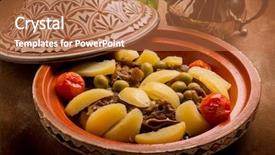  Presentation with meat - PPT layouts enhanced with tajine with meat potatoes tomatoes background and a coral colored foreground