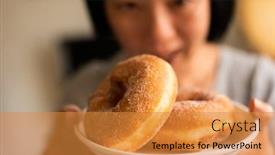  Presentation with take - Audience pleasing presentation design consisting of take a donut by woman's hand in house backdrop and a gold colored foreground