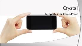  Presentation with smart phone apps - Colorful slides enhanced with take aim - hand holding big touchscreen smart backdrop and a white colored foreground