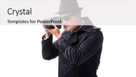  Presentation with spy - Presentation theme consisting of take aim - spy with camera taking pictures background and a white colored foreground