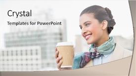  Presentation with cup coffee - Slide set with take away - happy smart brown haired businesswoman background and a white colored foreground