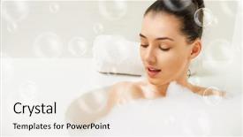  Presentation with swimming beautiful girl swims underwater - Cool new PPT theme with round wooden plate on light wooden background top view backdrop and a coral colored foreground