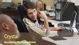  Presentation with two people talking - Theme enhanced with take break - three people sitting at desk background and a  colored foreground