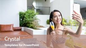  Presentation with mobile phone in woman hand - Slide deck featuring take home massage - woman taking selfie by mobile background and a coral colored foreground