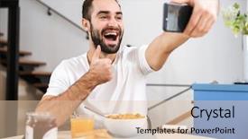  Presentation with young man on the phone - Beautiful slide deck featuring take home message - handsome young man having breakfast backdrop and a lemonade colored foreground