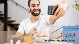  Presentation with food breakfast clean food - PPT theme with take home message - handsome young man having breakfast background and a lemonade colored foreground