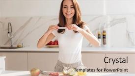  Presentation with happy smiling woman dental health - Beautiful presentation design featuring take home message - smiling attractive woman taking backdrop and a  colored foreground