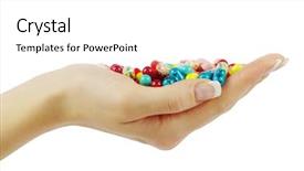  Presentation with automobile driver hand hold steering - Presentation theme featuring take medicines - hand holds pill isolated background and a  colored foreground