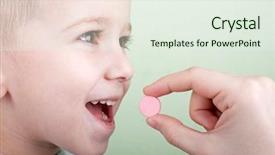  Presentation with child medicine - Colorful slides enhanced with take medicines - human hand giving child medicine backdrop and a sky blue colored foreground