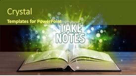  Presentation with take - Amazing PPT theme having take notes inscription coming out from an open book educational concept backdrop and a tawny brown colored foreground