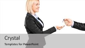  Presentation with key - Presentation enhanced with take ownership - blond businesswoman taking a key background and a light gray colored foreground
