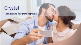  Presentation with new home - Audience pleasing presentation theme consisting of take ownership - cute couple taking a selfie backdrop and a sky blue colored foreground