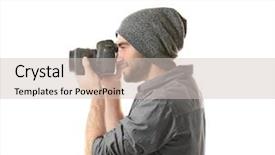  Presentation with old photographs black and white - Presentation theme consisting of take picture - handsome young photographer on white background and a soft green colored foreground