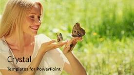  Presentation with helping others two hands woman - PPT theme having take two butterfly in hand background and a yellow colored foreground