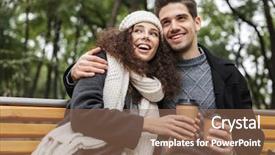  Presentation with man sitting bench - PPT layouts having drinking takeaway coffee from paper background and a coral colored foreground