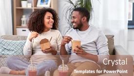  Presentation with african people - Cool new PPT theme with takeaway-food-drinks-and-people backdrop and a coral colored foreground