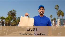  Presentation with food service - PPT theme enhanced with takeaway service people concept happy indian delivery man food paper bag blue uniform venice beach background california background and a coral colored foreground