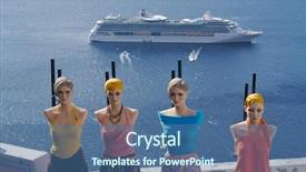  Presentation with mannequin - Slide deck having taken in santorini greece overlooking the mediterranean ocean and four mannequin friends background and a ocean colored foreground