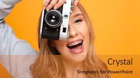  Presentation with yellow and teal design no picture - Colorful slide deck enhanced with taking a picture with photo backdrop and a gold colored foreground