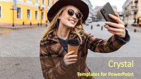  Presentation with beautiful young woman getting face - Presentation design featuring taking a selfie with mobile background and a tawny brown colored foreground