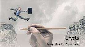  Presentation with gap - Presentation design enhanced with taking leap - young businessman jumping over gap background and a light gray colored foreground