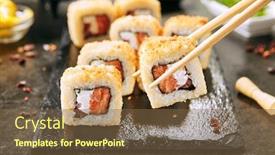  Presentation with seaweed - Slide set having taking portion of hot crispy tempura maki sushi rolls with cream cheese raw salmon tomato and nori seaweed deep fried uramaki roll set on natural black stone slate background closeup background and a tawny brown colored foreground