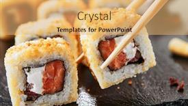  Presentation with seaweed - Slide set consisting of taking portion of hot crispy tempura maki sushi rolls with cream cheese raw salmon tomato and nori seaweed deep fried uramaki roll set on natural black stone slate background closeup background and a yellow colored foreground