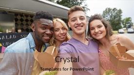  Presentation with food truck - Presentation design enhanced with leisure eating and people concept - happy friends with wok and burgers taking selfie at food truck background and a coral colored foreground