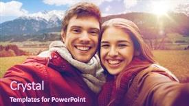 Presentation with young happy people smiling - PPT layouts consisting of taking selfie over alps mountain background and a violet colored foreground