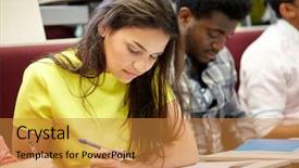  Presentation with international education - PPT layouts with taking test - education high school university learning background and a gold colored foreground