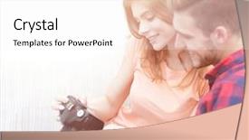  Presentation with checks - Presentation enhanced with talent attraction - happy young couple checks photos background and a sky blue colored foreground