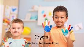  Presentation with talent development - Audience pleasing slide set consisting of talent development - cute boys with painted palms backdrop and a coral colored foreground