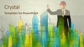  Presentation with future plan - Theme consisting of talented young architect drawing a plan of a future city with blue green yellow buildings churches including lines and measurements background and a soft green colored foreground