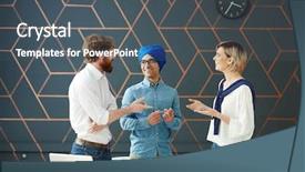  Presentation with sharing stories - PPT theme with talk programms tv - happy young colleagues sharing their background and a  colored foreground