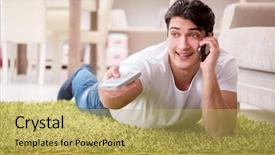  Presentation with man watching woman preparing vegetables - PPT theme consisting of talk programms tv - man watching tv at home background and a yellow colored foreground