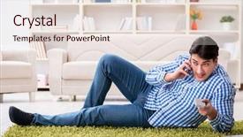  Presentation with floor - Cool new slide deck with talk programms tv - young handsome man sitting backdrop and a  colored foreground