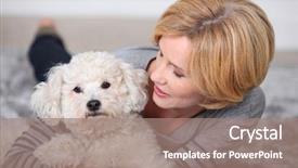  Presentation with dog - Amazing presentation design having talking animals - beautiful woman holding a little backdrop and a coral colored foreground