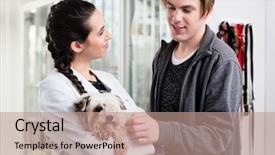  Presentation with female hypnotist - PPT theme featuring talking animals - happy female veterinarian carrying sick background and a coral colored foreground