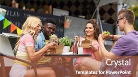  Presentation with food truck - Presentation featuring leisure and people concept - happy friends with drinks eating and talking at food truck background and a coral colored foreground