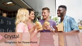  Presentation with food truck - Audience pleasing slides consisting of leisure and people concept - happy friends with drinks eating and talking at food truck backdrop and a coral colored foreground