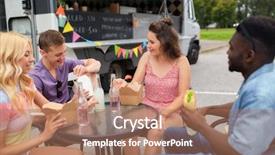 Presentation with food truck - Cool new PPT theme with leisure and people concept - happy friends with drinks eating and talking at food truck backdrop and a coral colored foreground