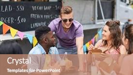  Presentation with food truck - PPT layouts consisting of leisure and people concept - happy friends with drinks eating and talking at food truck background and a coral colored foreground