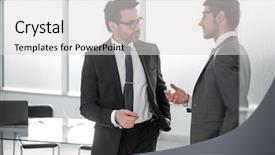  Presentation with office - Amazing PPT theme having talking boardroom - two businessmen discussing business issues backdrop and a  colored foreground