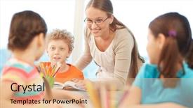  Presentation with pupils reading - Beautiful presentation theme featuring talking books - portrait of pretty teacher interacting backdrop and a coral colored foreground