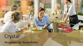  Presentation with lunch - PPT theme featuring talking business in lunch break background and a coral colored foreground